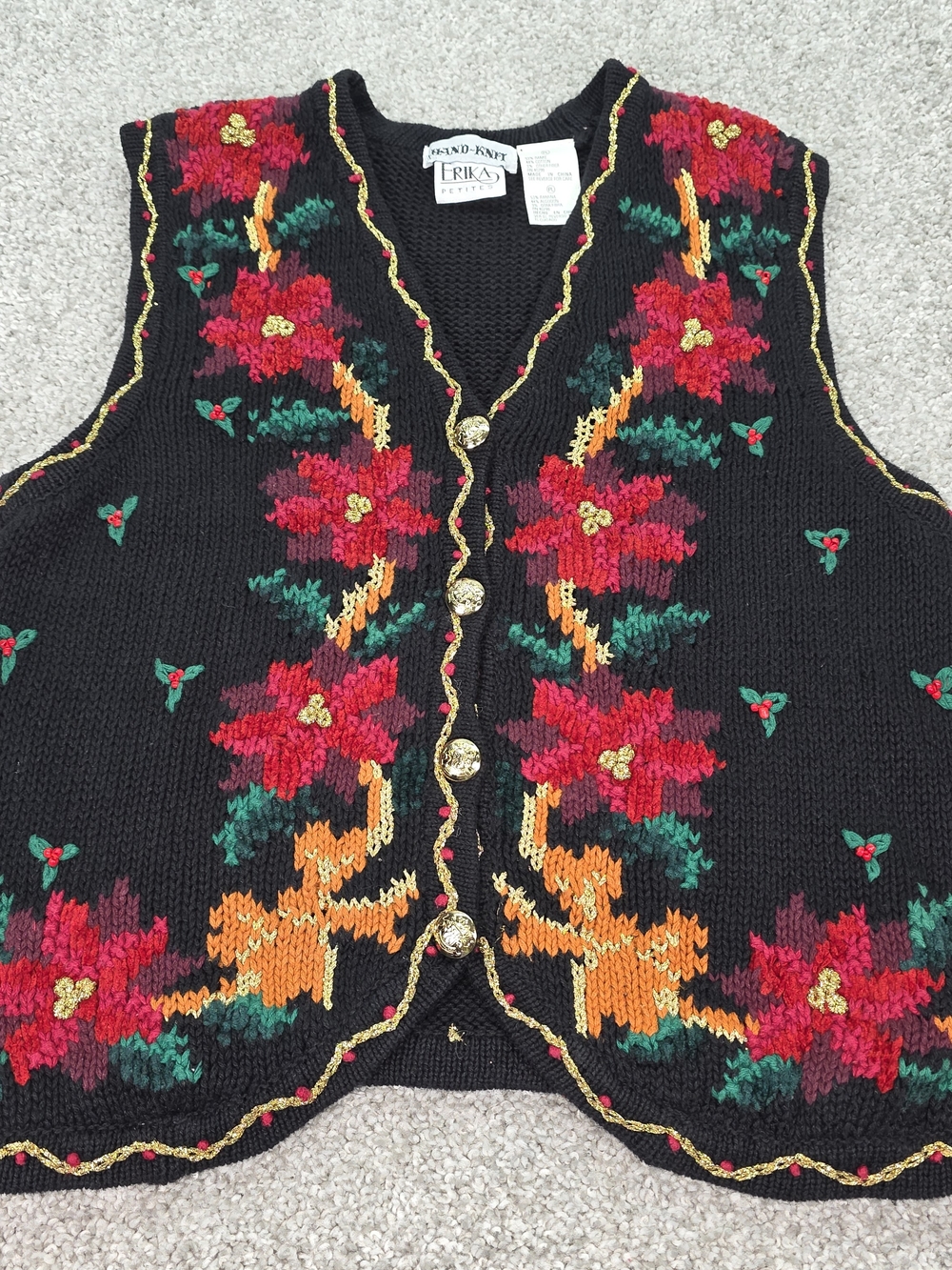 Vintage 90s Erika Christmas Sweater Vest Womens LP Poinsettia Hand Knit Black
